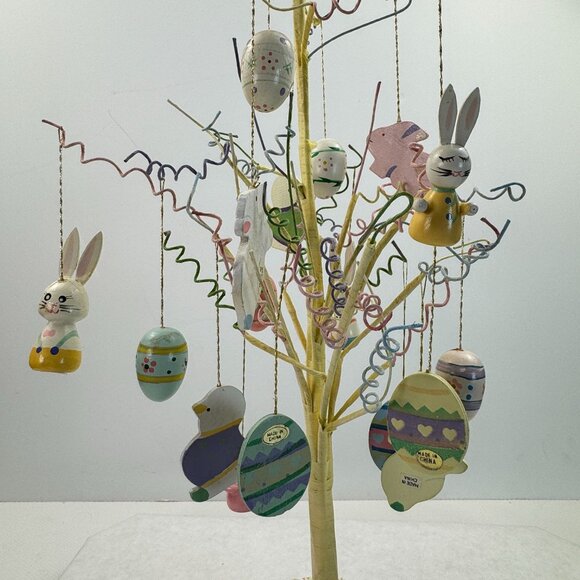 Vintage Easter Tree 17 Wooden Ornaments Bendable Branches Yellow 18" Tall - Picture 2 of 12